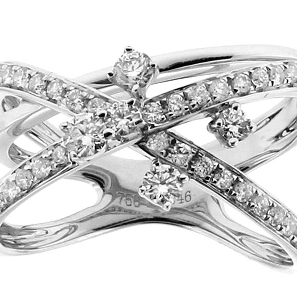 Three Row Criss-cross Diamond Highway Ladies Right Hand Ring 18kt White Gold