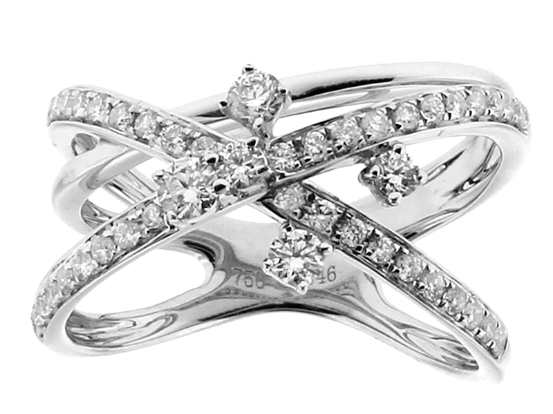 Three Row Criss-cross Diamond Highway Ladies Right Hand Ring 18kt White Gold