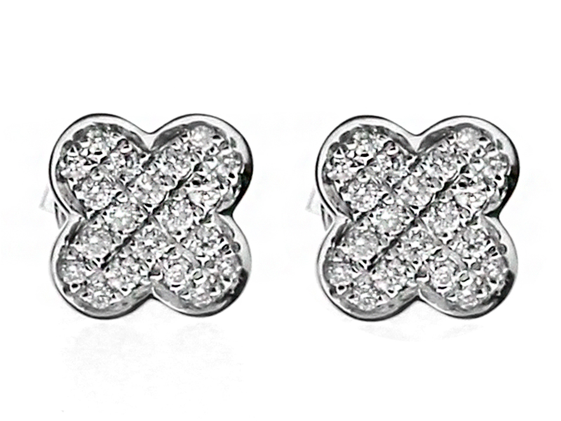 Clover Shaped Pave Set Diamond Post Earrings in 18kt White Gold