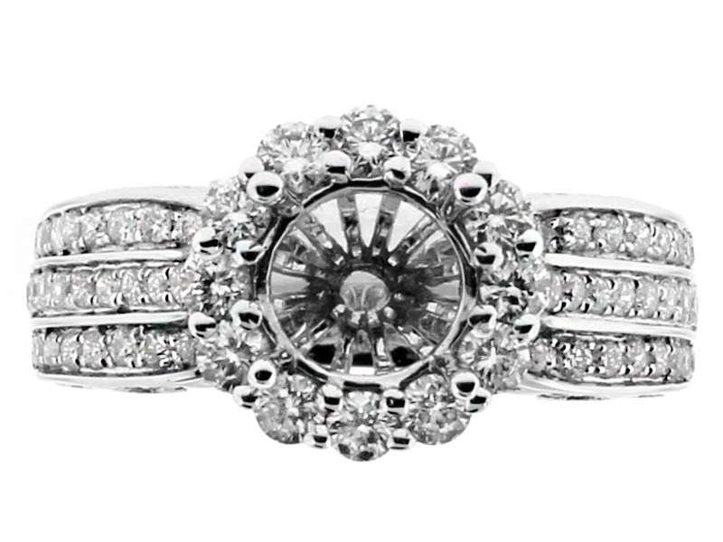 3 Row Shank, Round Halo Center, Diamond Engagement Ring Semi Mount in 18kt White Gold