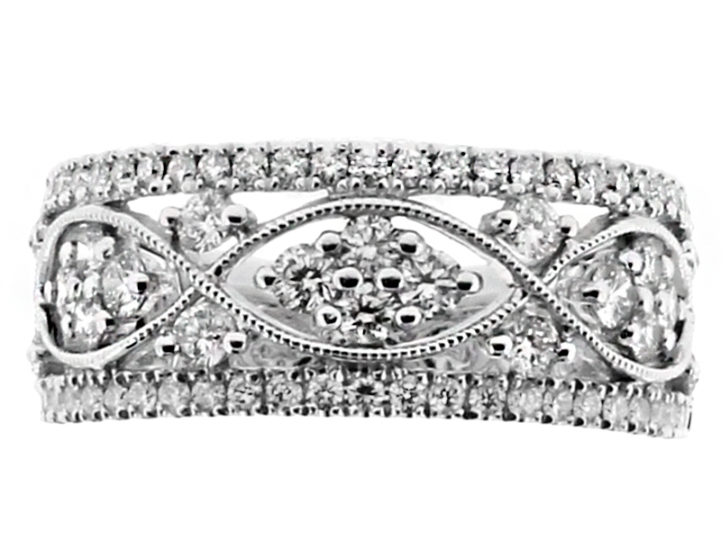 Ladies Diamond Ring with Open Design and Milgrain Accents in 18kt White Gold