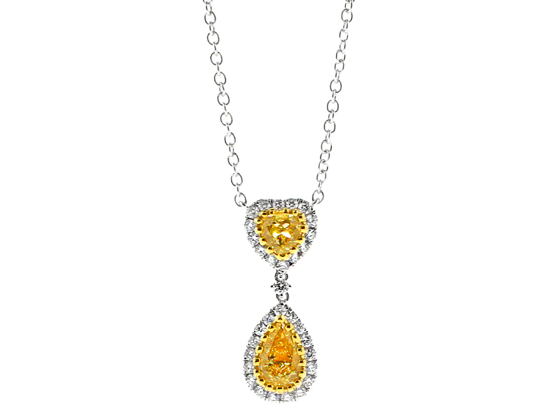 Fancy Yellow Heart and Pear Diamond with White Diamond Halo Necklace in 18kt White Gold