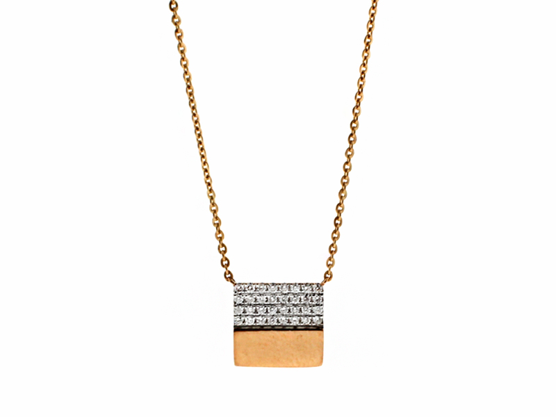 Square Necklace, Half filled with Pave set Diamonds in 18kt Rose Gold