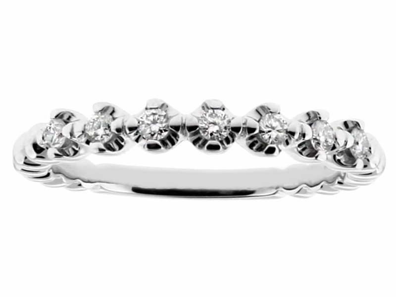 7 Stone, 2.9mm Ladies Thin Diamond Stackable Wedding Band in 18kt White Gold with Ball Design Shank