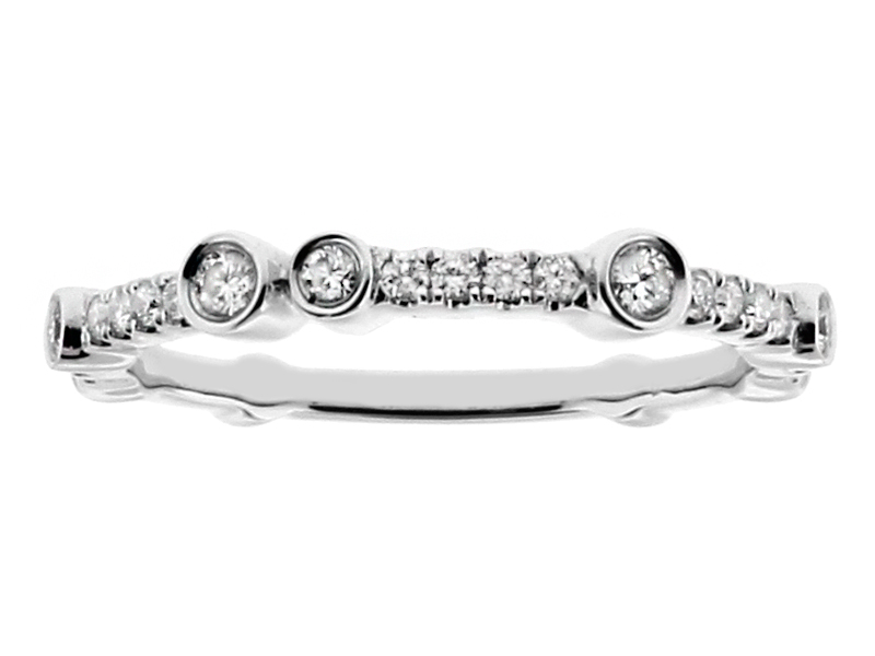 Ladies Stackable Wedding Band Ring with Bezel and Prong set Diamonds in 18kt White Gold