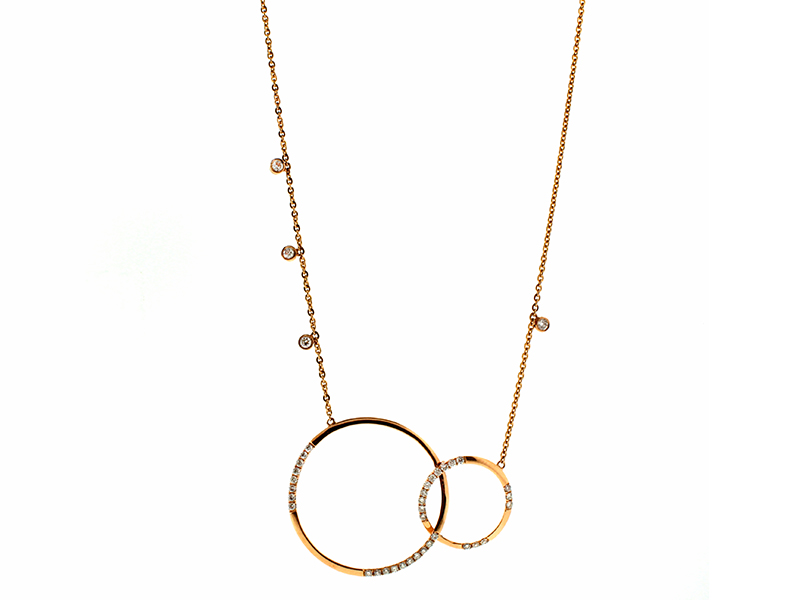 Double Interlocking Circle Necklace with Dripping Diamonds on Chain in 18kt Rose Gold