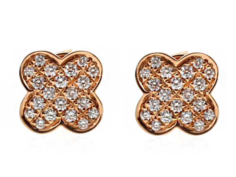 Clover Design Pave Set Diamond Post Back Earrings in 18kt Rose Gold