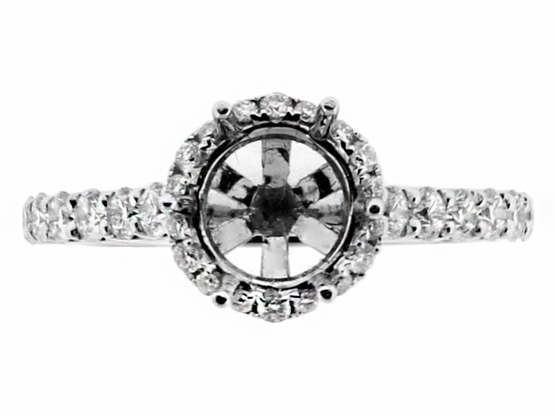 Round Halo With U Prong Shank with Scalloped work and Diamonds Under in 18kt White Gold