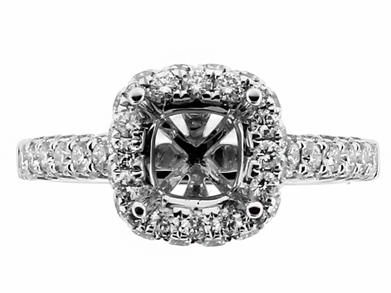 Cushion Halo with Diamonds on Crown Engagement Ring Semi Mount in 18kt White Gold