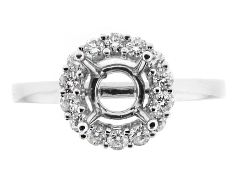 Round Halo with Solid Shank Engagement Ring Semi Mount in 18kt White Gold