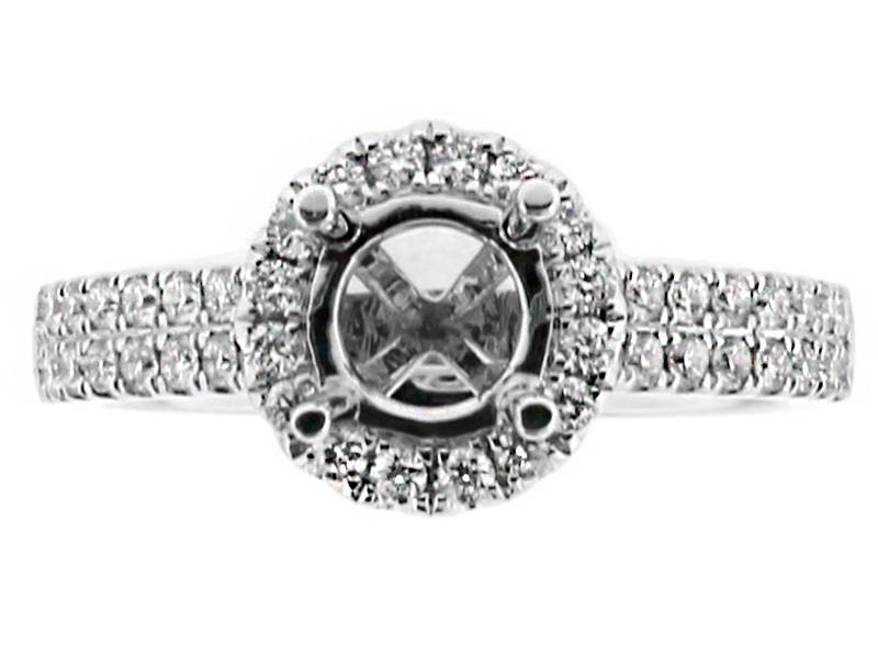 Round Halo with a 2 Row of Diamonds on Shank Engagement Ring Semi Mount in 18kt White Gold