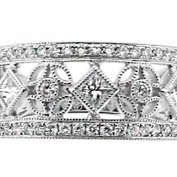 9.3mm Wide Ladies Ring with Open Design Work with Milgrain Detail in 18kt White Gold