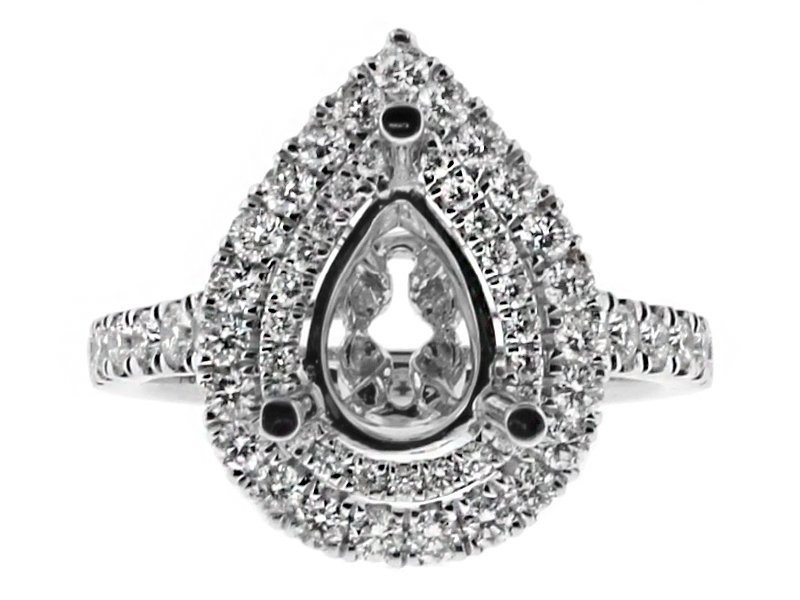 Double Halo Pear Shape Single Row Engagement Ring Semi Mount in 18kt White Gold