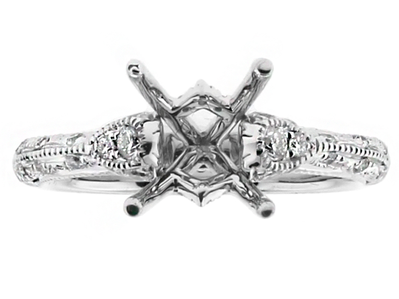 Scalloped Side Design, Knife Edge, Milgrain, Tear Drop Shape Sides Diamond Engagement Ring Semi Mount in 18kt White Gold