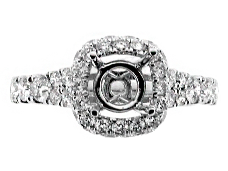 Cushion Halo, Graduating Shank Diamond Engagement Ring Semi Mount in 18kt White Gold