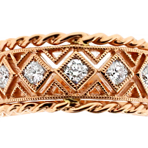 8.9mm Wide, Rope and Open work Design Ladies Diamond Ring in 18kt Rose Gold