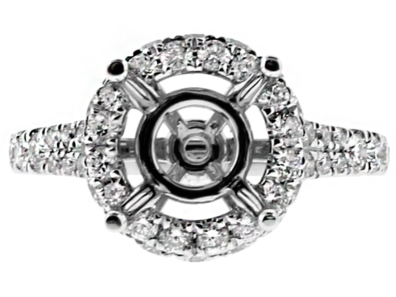 Diamond Round Side and Front Halo, Split Shank Engagement Ring Semi Mounting in 18kt White Gold