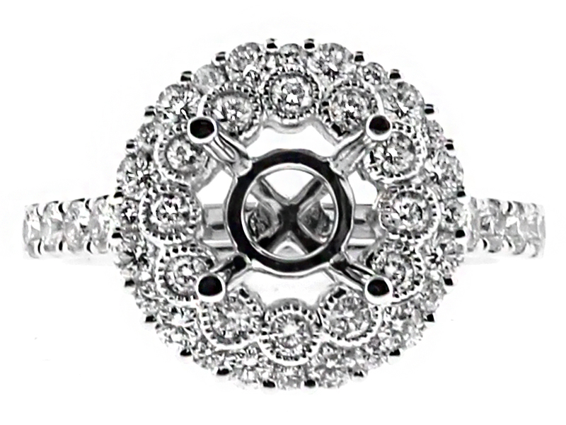 3D 2 Row Round Halo Diamond Engagement Ring Semi Mount in 18kt White Gold