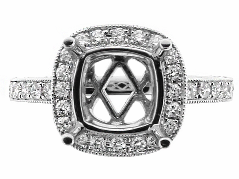 8x8 mm Center Cushion Halo Diamond Engagement Ring Semi Mount in 18kt White Gold