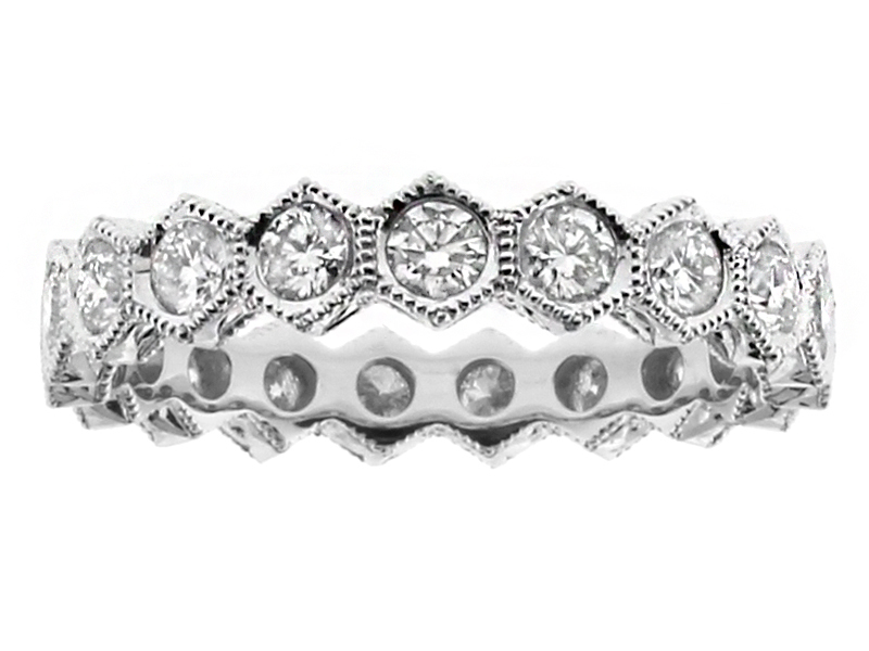 Hexagon Shaped Design Single Row Round Diamond Eternity Ring Band in 18kt White Gold