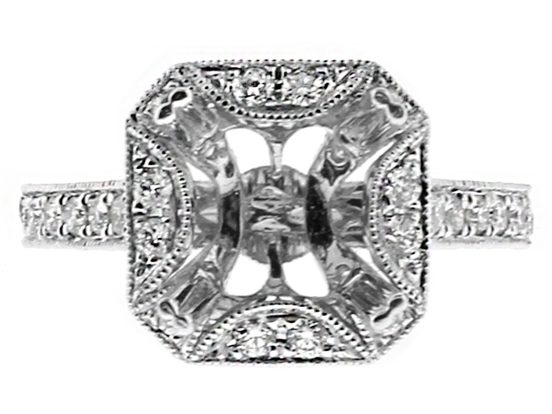 7.5x7.5mm Center, Radiant Halo Engagement Ring Semi Mount in 18kt White Gold