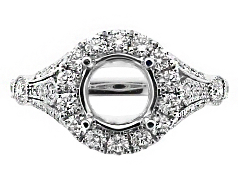 Round Halo One Extending to Three Row Split Milgrain Design Shank Engagement Ring Semi Mount