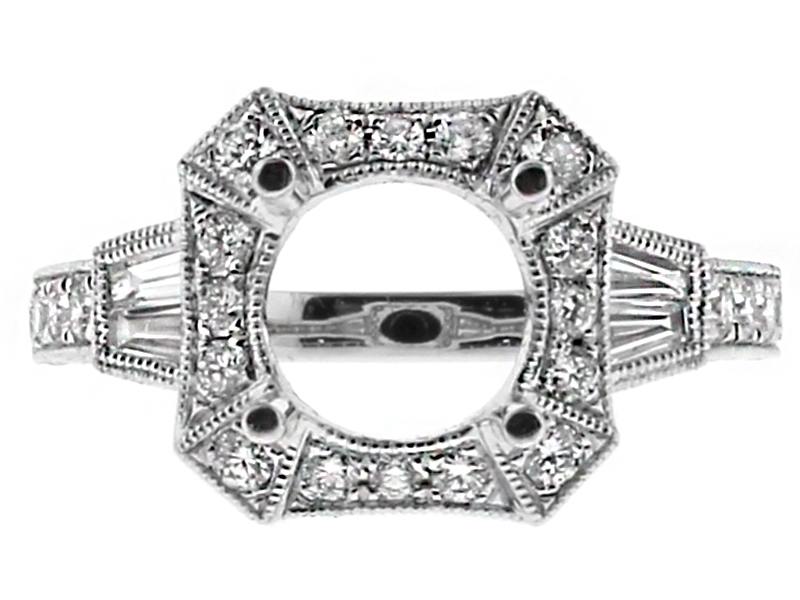 Vintage Halo Baguette and Round Diamond Engagement Ring Semi Mount in 18kt White Gold