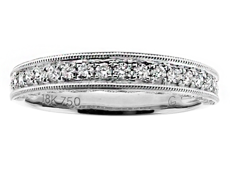 Scallop Side Design, Milgrained Top and Sides Diamond Wedding Band Ring in 18kt White Gold