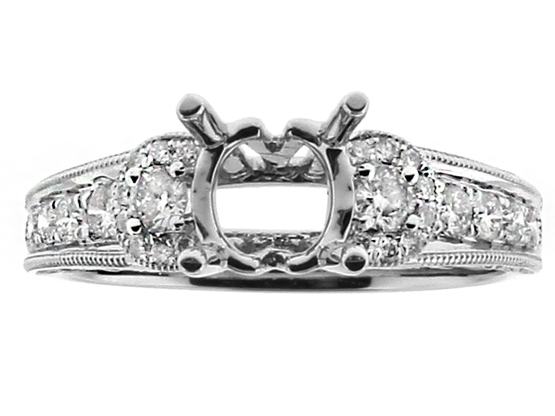 3 Stone Look, Scallop Side Design, Engagement Ring Semi Mount in 18kt White Gold