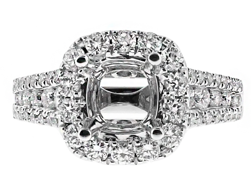 Cushion Halo, 3 Row Shank, Diamond Engagement Ring Semi Mount