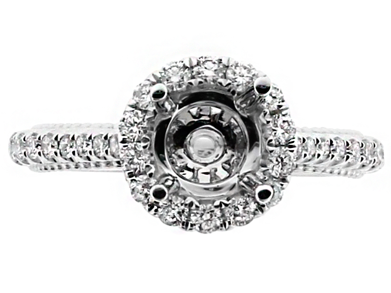 Round Diamond Halo, Ball Beading Design Sides, Engagement Ring Semi Mount in 18kt White Gold
