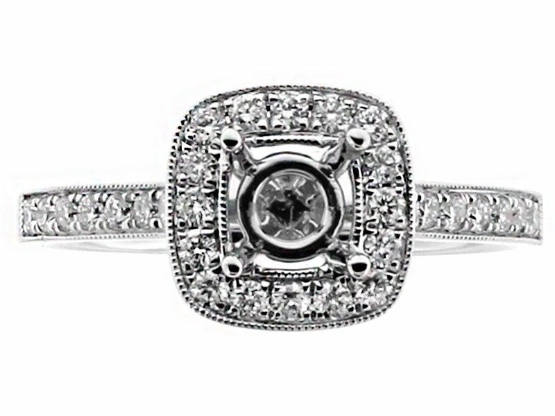 Picture Frame Halo, Milgrain Detail, Diamond Engagement Ring Semi Mount in 18kt White Gold