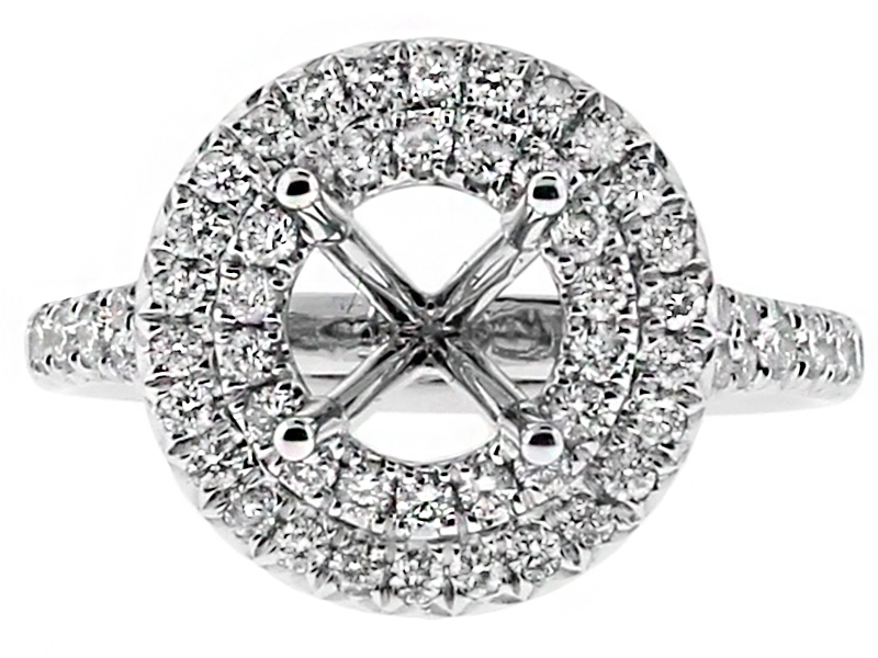Double Round Halo, Single to Double Row Diamond Shank Engagement Ring Semi Mount