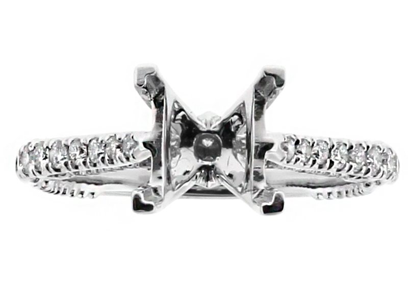 Graduating, Diamond Scroll, Ball Beading Design Diamond Engagement Ring Semi Mount in 18kt White Gold