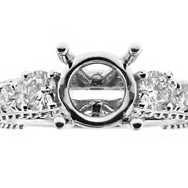 3 Stone Look, Ball Beading Side Design, Engagement Ring Semi Mount in 18kt White Gold