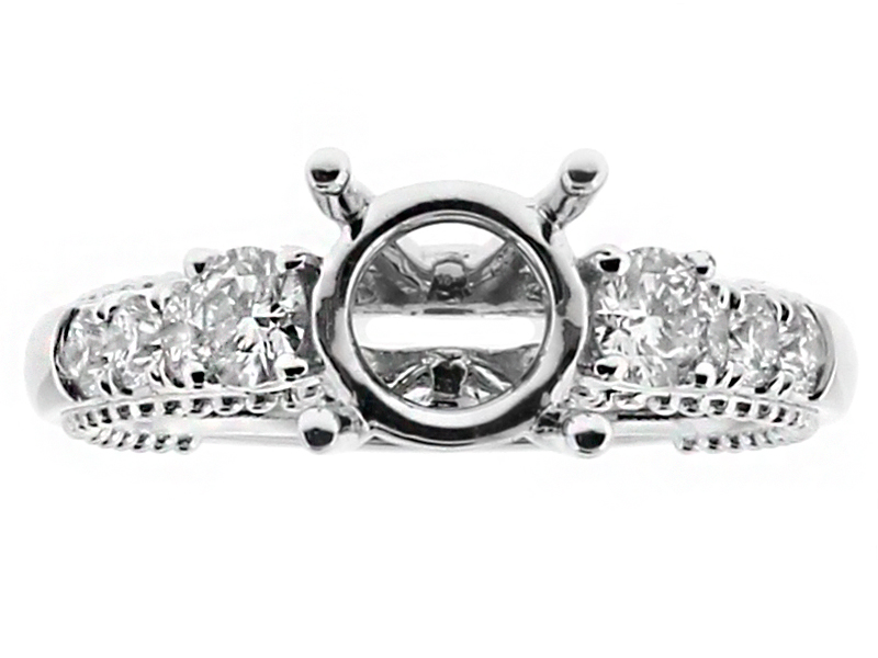 3 Stone Look, Ball Beading Side Design, Engagement Ring Semi Mount in 18kt White Gold