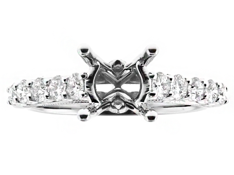 Single Row Diamond Shank, Milgrain and Diamond Detail Side Profile, Engagement Ring Semi Mount
