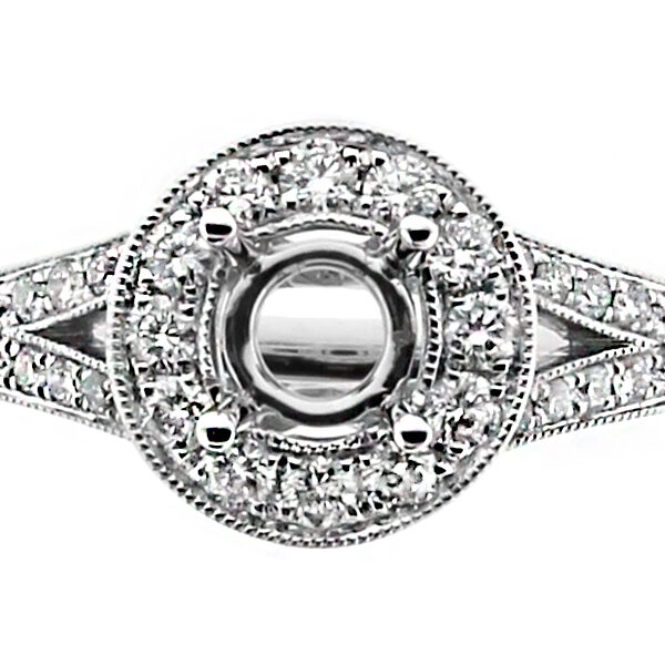 Round Halo, Split Shank, Beading Work Diamond Engagement Ring Semi Mount