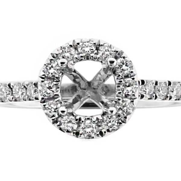 Round Halo, Thin Diamond Shank Engagement RIng Semi Mount in 18kt White Gold