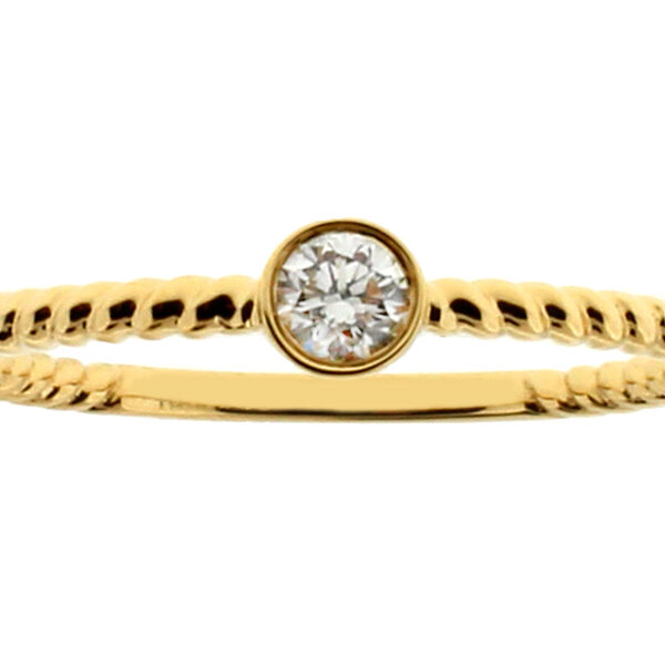 Stackable Ring Rope Design Shank with One Bezel Set Diamond in 18kt Yellow Gold