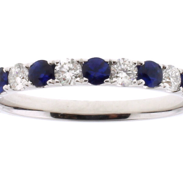 Alternating Sapphire and Diamond Single Row Ladies Ring 2.5 mm Wide in 18kt White Gold