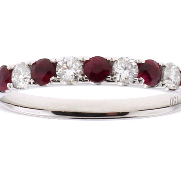 Alternating Ruby and Diamond Single Row Ladies Ring 2.5 mm Wide in 18kt White Gold