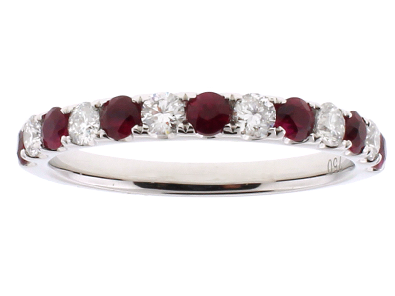 Alternating Ruby and Diamond Single Row Ladies Ring 2.5 mm Wide in 18kt White Gold
