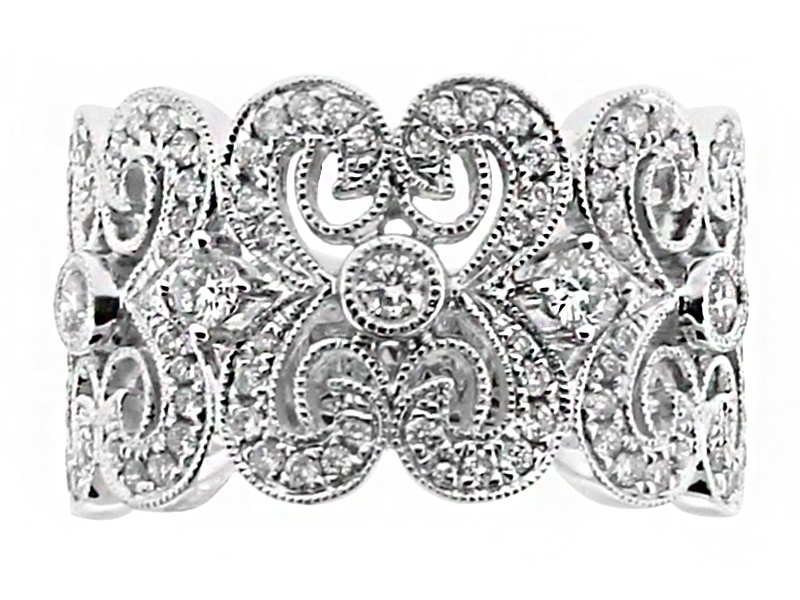 12.6mm Wide, Mil-grained Scroll Vintage Design Ladies Diamond Ring in 18kt White Gold