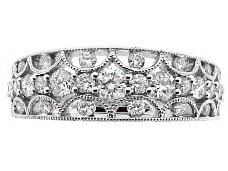 3 Row Open Scalloped Design 6.9mm Wide Diamond Ring in 18kt White Gold