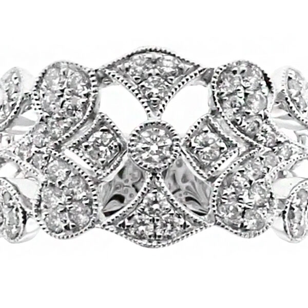 10.4mm Wide, Milgrained Scroll Vintage Design Ladies Diamond Ring in 18kt White Gold