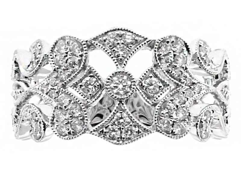 10.4mm Wide, Milgrained Scroll Vintage Design Ladies Diamond Ring in 18kt White Gold