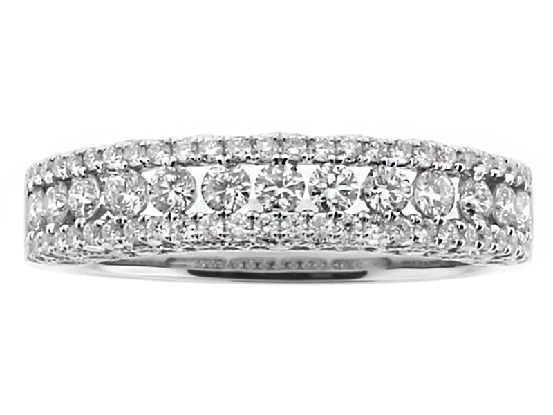 3 Row, Unique Detailed Side Profile with Diamonds, Ladies Diamond Wedding Band in 18kt White Gold