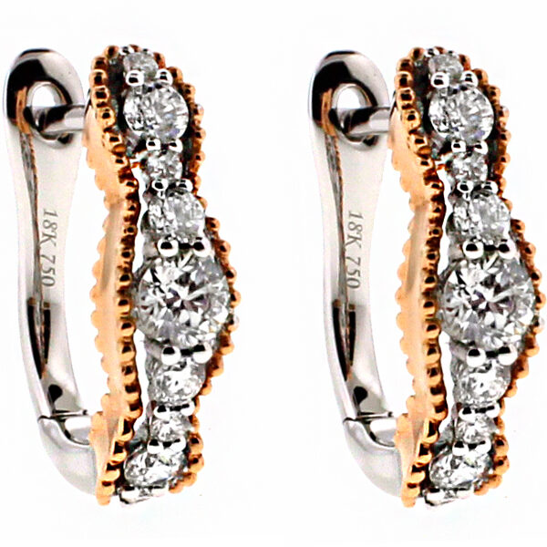 Beaded Wave Design Diamond Huggie Style Hoop Earring in Two Tone 18kt Rose and White Gold
