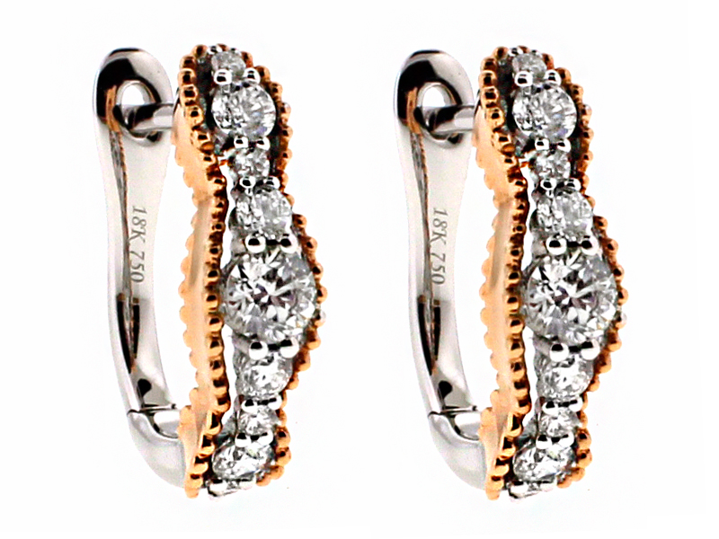 Beaded Wave Design Diamond Huggie Style Hoop Earring in Two Tone 18kt Rose and White Gold